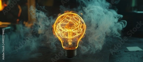 Fototapeta Vibrant orange and yellow neon colors illuminate a lightbulb icon, a technological symbol rendered in 3D and set against a contrasting black background