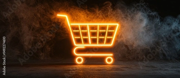 Fototapeta An icon of shopping, colored in vibrant orange and yellow neon, serves as a technology symbol and is depicted in a 3D render against a black background