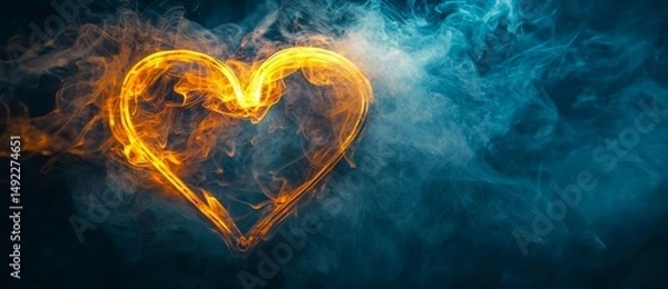 Fototapeta Vibrant orange and yellow neon lights form a heart icon, serving as a symbol of technology, rendered in 3D and placed on a black background for contrast