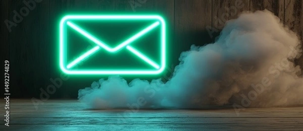 Fototapeta Isolated on a black background, a 3D render features a vibrant colored technology symbol in the form of a green neon light icon