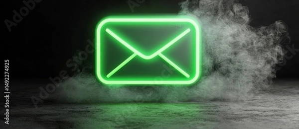 Fototapeta A vibrant colored technology symbol, depicted as a green neon light icon, is showcased in a 3D render against a black background