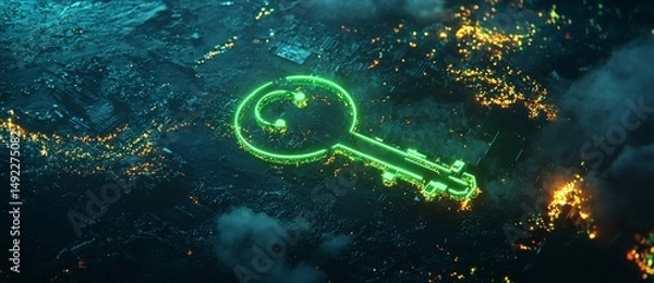 Fototapeta A green neon key icon is the vibrant colored technology symbol in this image, which has been rendered in 3D and isolated on black