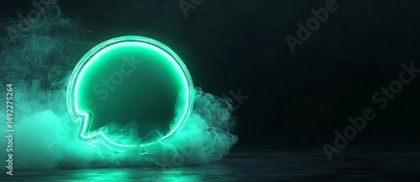 Fototapeta A technology symbol, depicted as a green neon light sms icon, is shown isolated on a black background in a 3D rendered image