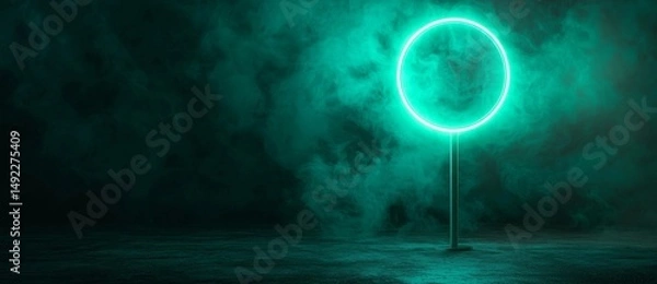 Fototapeta Vibrant colored technology is represented by a green neon light search icon in this 3D render, isolated against a black background