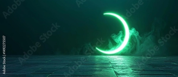 Fototapeta Vibrant colored technology is represented by a green neon light moon icon in this 3D render, isolated on a black background