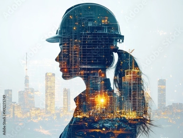 Fototapeta Double exposure, Engineer, designer and structural drafter and building business model