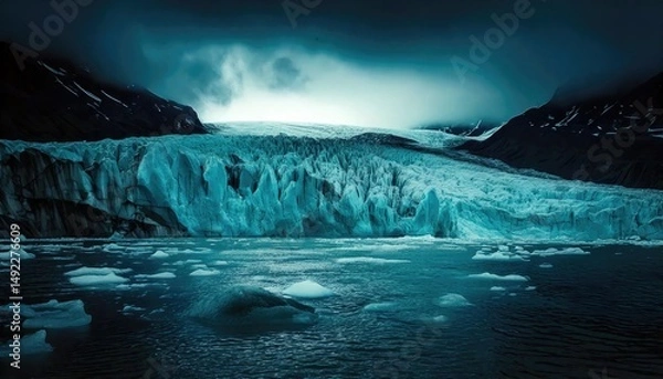 Obraz A dramatic icy glacier under a dark cloudy sky, with chunks of floating ice in the freezing blue water below.