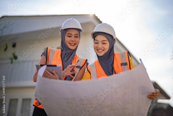 Obraz Two women architects in hijab study building layouts under bright sunlight. Wearing orange vests and helmets, they represent strength, focus, and collaboration in engineering...