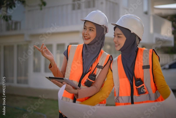 Obraz Two Muslim women engineers in hijab, safety vests, and hard hats discuss blueprints outdoors. They smile and collaborate on a residential construction site using a tablet and plans.