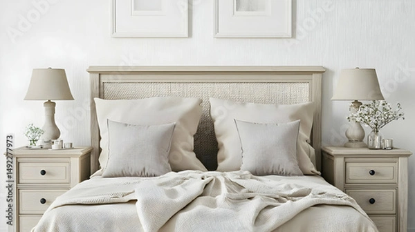 Fototapeta A serene, light-filled bedroom with a neutral color palette, featuring a bed with soft linens, bedside tables, and framed artwork
