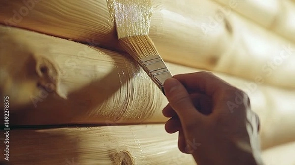 Obraz Applying sealant to a log wall.  A hand applies a protective coating to wooden logs