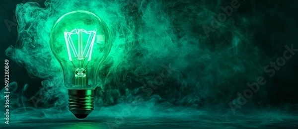 Fototapeta Vibrant colored technology is represented by a green neon light lightbulb icon in this 3D render, which is isolated on a black background