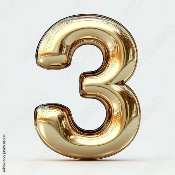 Fototapeta Shiny reflective three-dimensional golden number three on a clean white background with smooth metallic surface