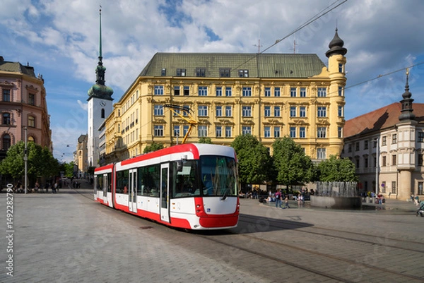 Obraz Brno, Czechia. View of namesti Svobody (square of Freedom) with white-red modern tram