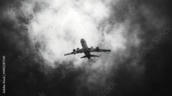 Obraz Airplane flying through stormy cloudscape; dramatic sky; travel, weather