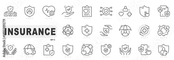Fototapeta Set of insurance related line icons. Care, protection, health etc. Editable stroke. Set 2