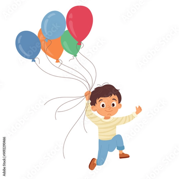 Fototapeta Happy little boy running with balloons. Cheerful smiling child character with bright ballons. Cartoon design element for kids celebration party, greeting cards, poster or flyer. Vector illustration