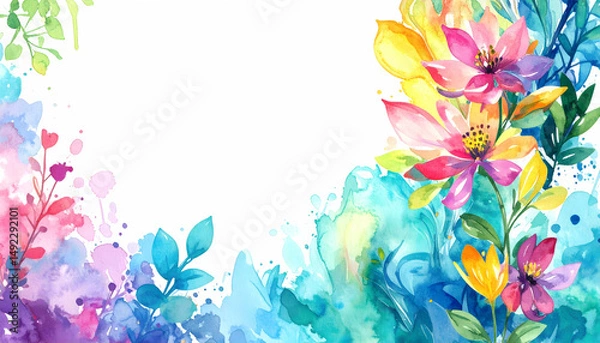 Obraz A vibrant watercolor floral design with colorful flowers and splashes of paint.