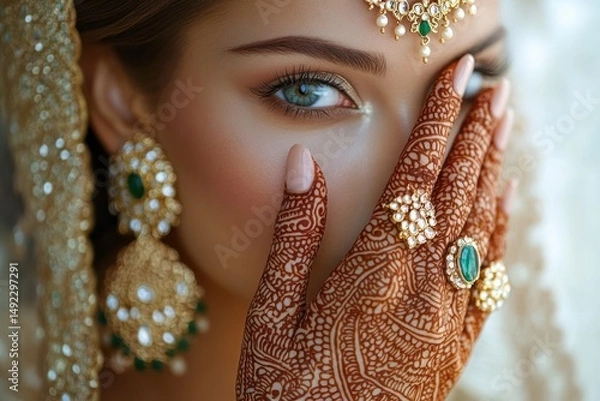 Obraz Close-up of a woman's face with blue eyes partially covered by a hand adorned with detailed henna designs and ornate jewelry conveying elegance and mystery