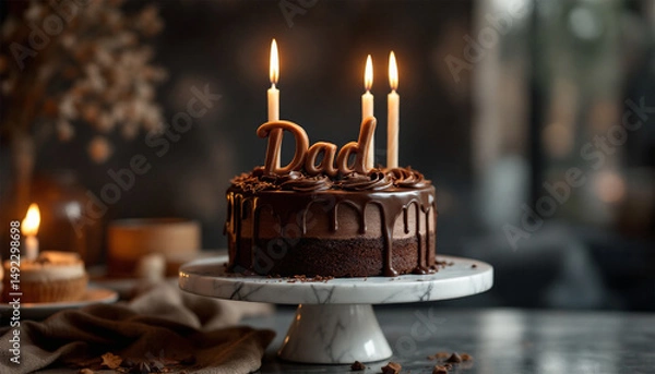 Fototapeta Chocolate cake for father's day with candles against dark background. Cake with dad word. Happy father's day concept. men's cake