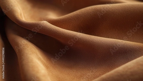 Fototapeta Close-up view of soft brown suede fabric with gentle folds creating smooth textured waves and warm earthy tones