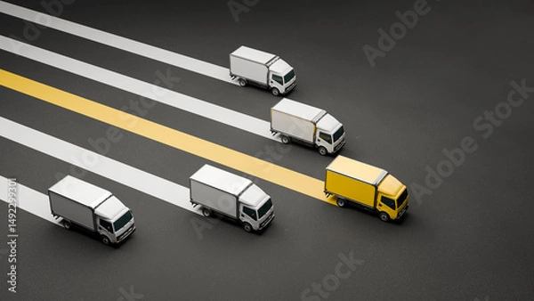 Obraz Yellow Truck Leading a Fleet - Transport Leadership, Delivery Race, Logistics Strategy, Innovation, and Competitive Advantage, 3D Render