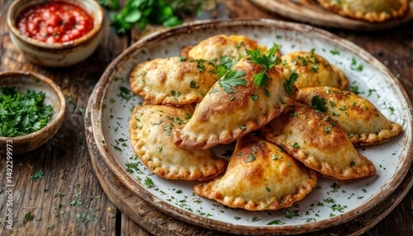 Fototapeta a close-up of golden-brown empanadas garnished with fresh parsley served on a rustic wooden plate alongside dipping sauces and chopped herbs.