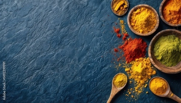 Fototapeta a vibrant array of colorful spice powders and wooden spoons arranged on a dark blue textured surface creates a rich culinary backdrop.