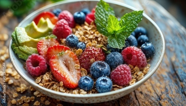 Fototapeta a colorful and vibrant fruit and granola bowl topped with fresh mint sits on a rustic wooden surface.