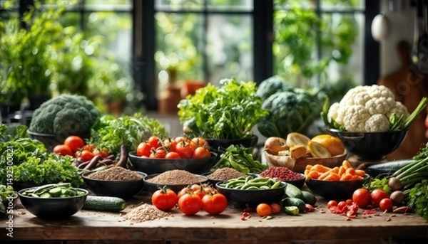 Fototapeta a vibrant display of fresh, colorful vegetables and spices arranged on a rustic wooden table in a bright, plant-filled kitchen.