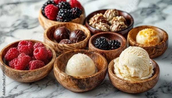 Fototapeta a still life of various dessert components including berries, chocolates, nuts, and ice cream served in small wooden bowls on a marble surface.