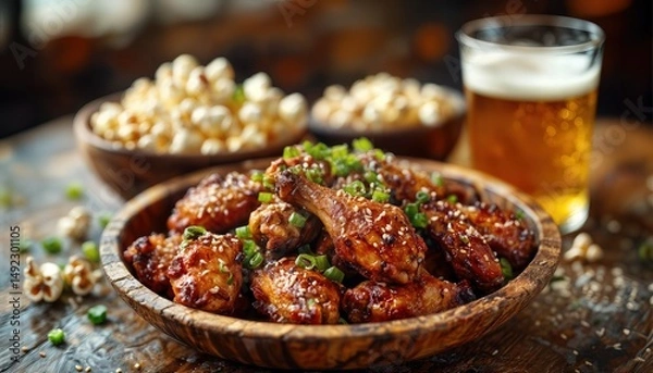 Fototapeta a close-up of glazed chicken wings with sesame seeds and chopped green onions served in a wooden bowl alongside bowls of popcorn and a glass of beer on a rustic wooden table.