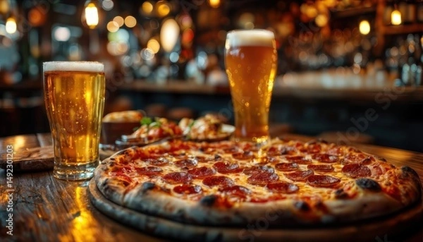Fototapeta a vibrant overhead shot captures a pepperoni pizza and two glasses of golden beer on a warm wooden table in a softly blurred pub setting.