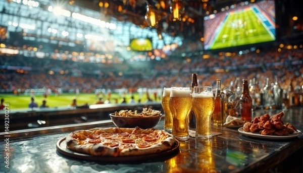 Fototapeta a vibrant scene of game day with pizza, beer, and fries displayed on a bar counter overlooking a bustling stadium filled with fans.