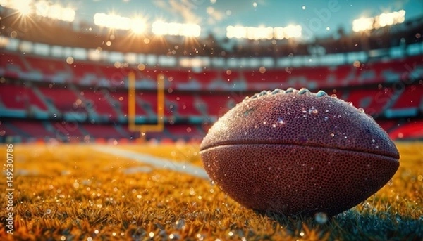 Fototapeta a close-up of a football resting on a grassy field with a blurred stadium and glowing lights in the background.
