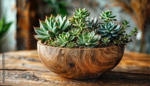 Fototapeta a lush arrangement of vibrant green succulents thrives within a beautifully crafted wooden bowl, resting on a rustic wooden surface.