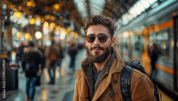 Fototapeta a stylish young man with a beard and sunglasses poses confidently in a bustling train station with blurred commuters and a passing train in the background.