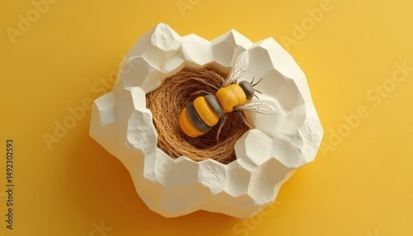 Obraz Bee nesting in vibrant yellow environment nature photography close-up perspective creative composition