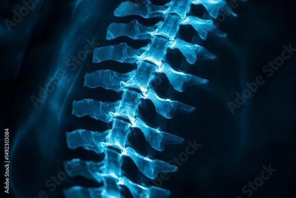 Fototapeta The x-ray film of the lumbo-sacral spine reveals signs of Spondylosis and Spondylolisthesis, including spinal collapse, reduced disc space, and bony spur formation, as well as a blank area on the