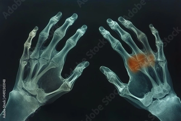 Fototapeta The x-ray film of both hands in the AP position shows a fracture of the proximal phalange shaft in the ring finger