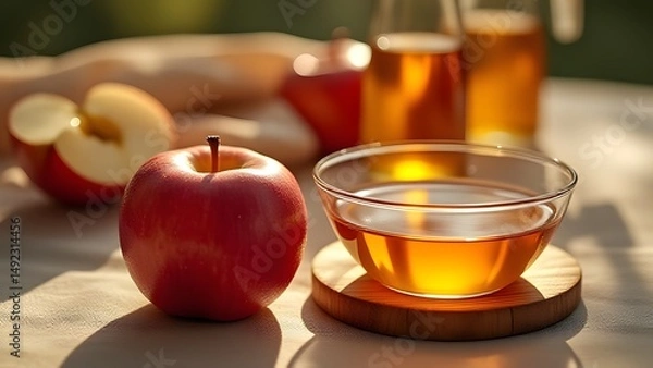 Fototapeta Refreshing Apple Cider Drink with Red Apples on Wooden Board