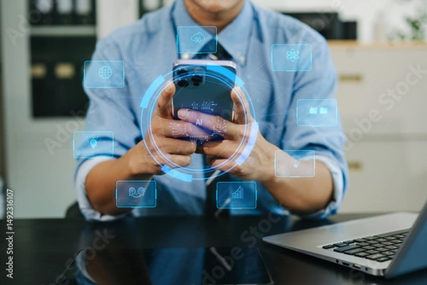 Obraz Man using chatbot in computer and tablet  smart intelligence Ai.Chat with AI Artificial Intelligence, developed by OpenAI generate.