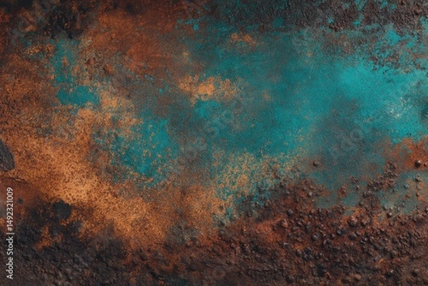 Fototapeta Textured metal surface with rust and teal paint