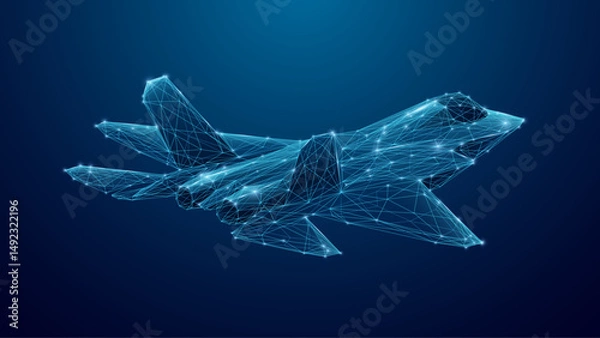 Fototapeta Digital fighter jet. Digital military airplane in futuristic tech style. Polygonal jet fighter hologram. AI innovations in air transport industry or high-speed concept. Abstract aircraft background.