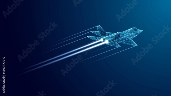 Fototapeta Fighter jet with speed light line. Supersonic digital jet fighter in futuristic wireframe style. Technology military airplane hologram. High-speed innovations concept. Abstract aircraft background.