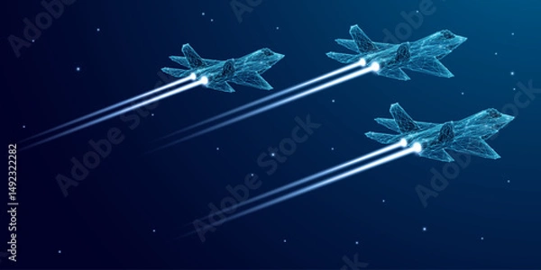 Fototapeta Military three Fighter Jets in flight. Digital airplane in futuristic low poly wireframe style. High-speed tech innovation concept. Army aircraft in nightly starry sky. Tech aviation background.