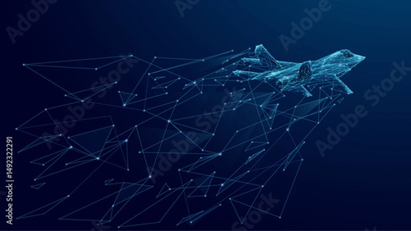 Obraz Abstract fighter jet. Digital military supersonic airplane. Technology innovation speed concept. Abstract wireframe aircraft consist of connected dots. Tech background. Vector futuristic illustration.