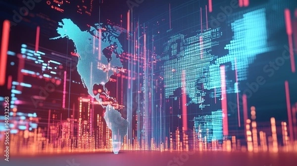Fototapeta Business trade routes across continents are visually represented in a 3D illustration of the global supply chain