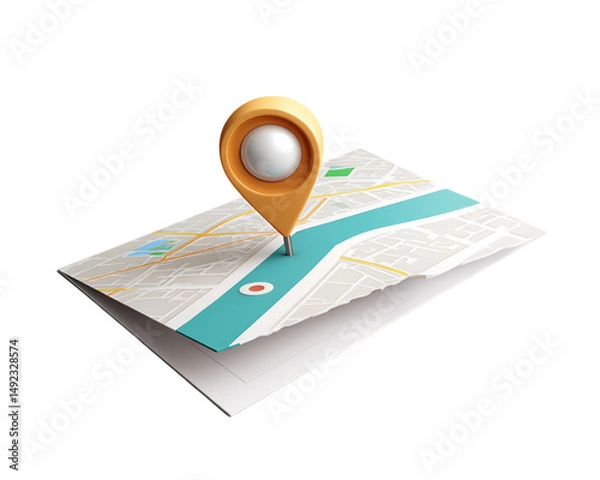 Fototapeta Yellow 3D Map Pin on Folded City Map with Teal Waterways, PNG