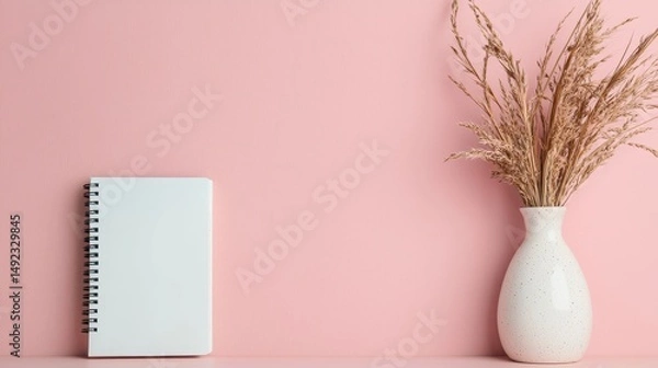 Fototapeta White Notebook and Elegant Vase with Dried Flowers on Pink Background for Home Decor or Office Inspiration